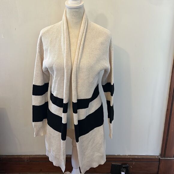 Max Studio black stripe cream long sleeve open cardigan Size XS - Picture 2 of 8